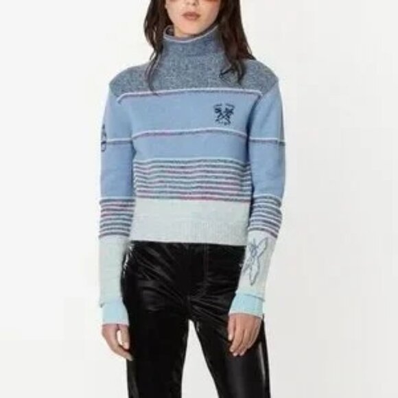 NWT Marc Jacobs Tattoo mock neck sweater in engineered stripe blue combo - Picture 2 of 13